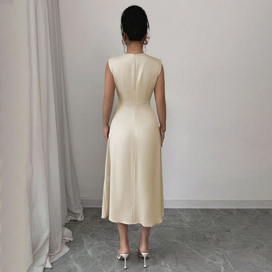 Damen elegantes ärmelloses Midi-Kleid mit drapiertem Ausschnitt EB