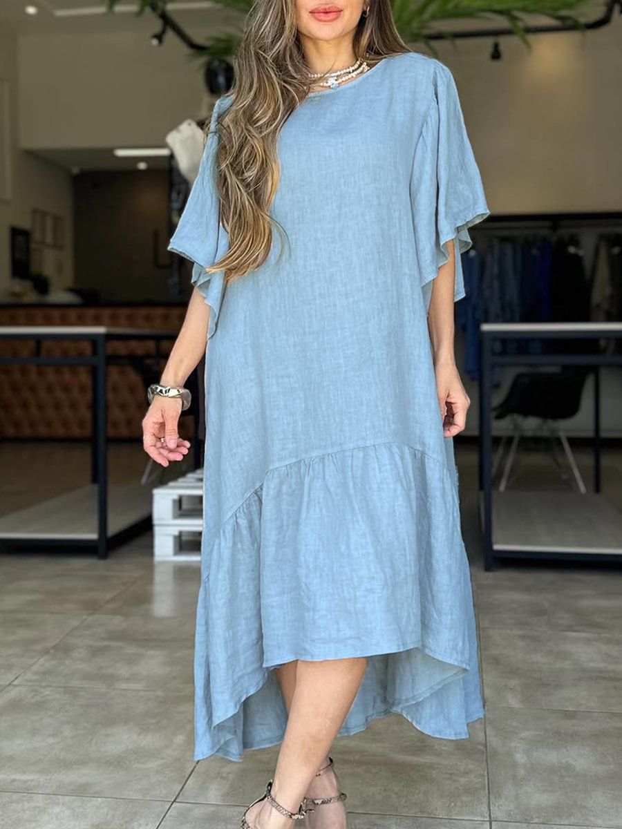 Damen lässiges Leinenkleid mit voluminösen Ärmeln EB