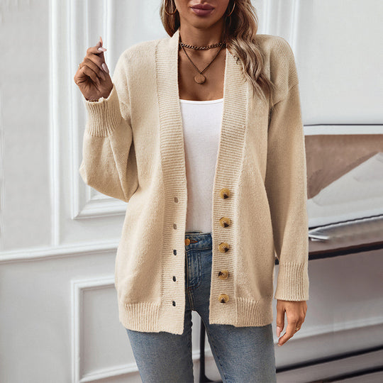 Damen gemütliche Strickjacke mit Knopfdetails und tiefem V-Ausschnitt EB