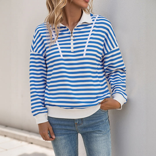 Damen lässiger Sweatshirt mit Stehkragen und modischem Streifenmuster EB