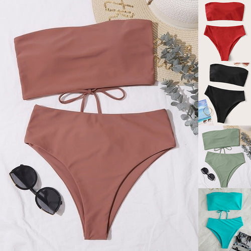 Damen Bandeau-Bikini-Set mit hohem Bund und raffiniertem Bindedetail EB
