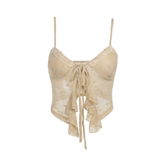 Damen Spitzen Elemente Crop-Top mit Rüschendetails EB