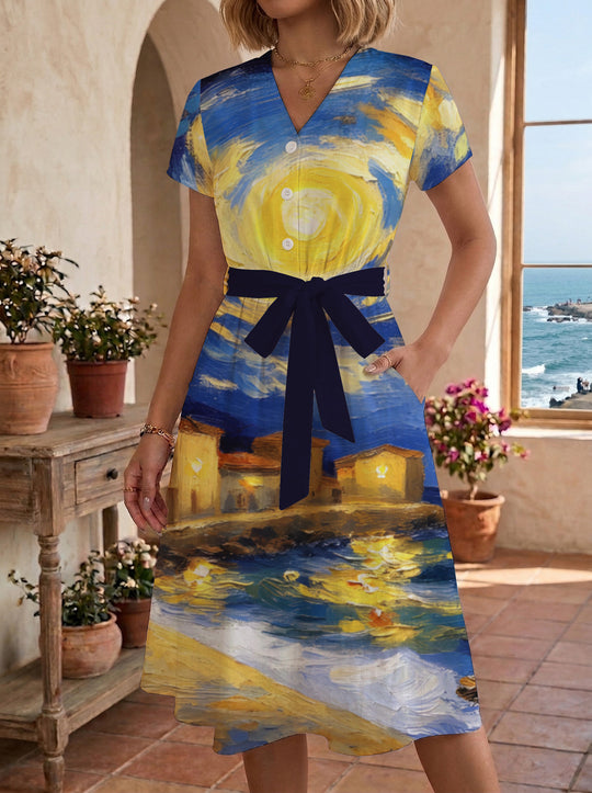 Damen Blühendes Midikleid mit taillierbarem Gürtel und kunstvollem Print EB