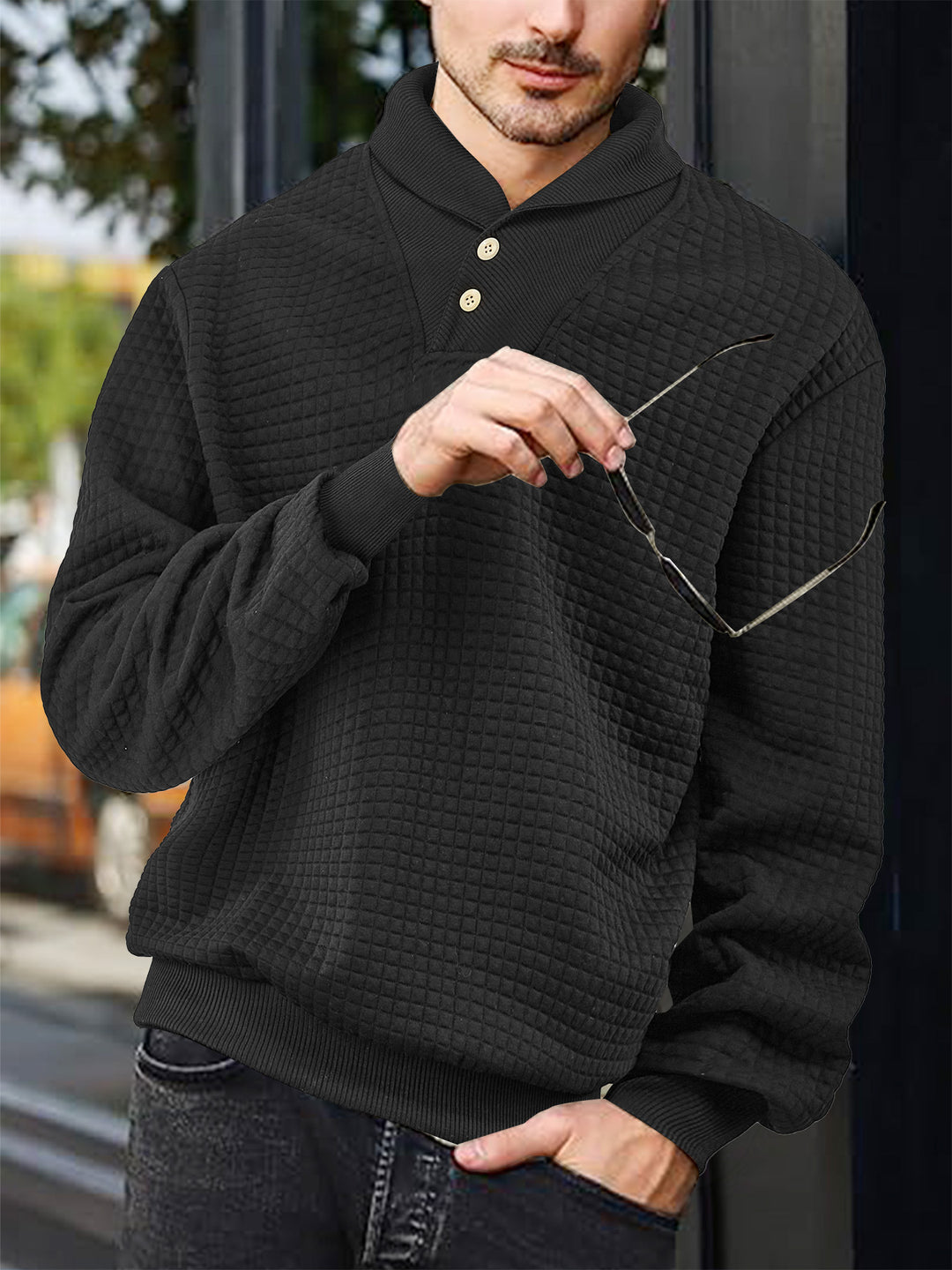 Herren nan eleganter Strickpullover mit Schalkragen, Knopfleiste am Ausschnitt und Karo-Waffelstruktur EB