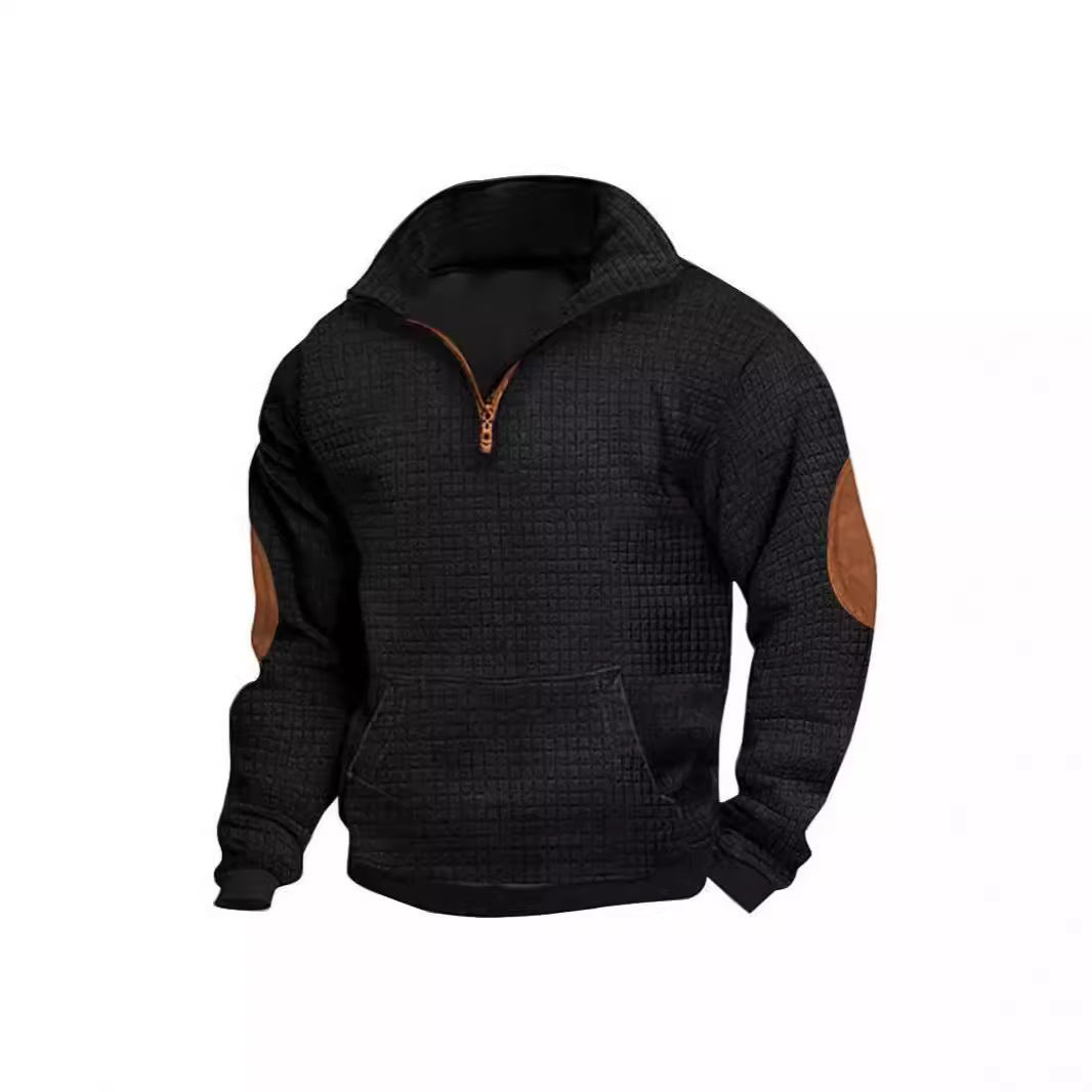 Herren nan strukturiertes Freizeit-Pullover mit kurzem Reißverschluss, Kängurutasche und Ellenbogen-Lederbesatz EB
