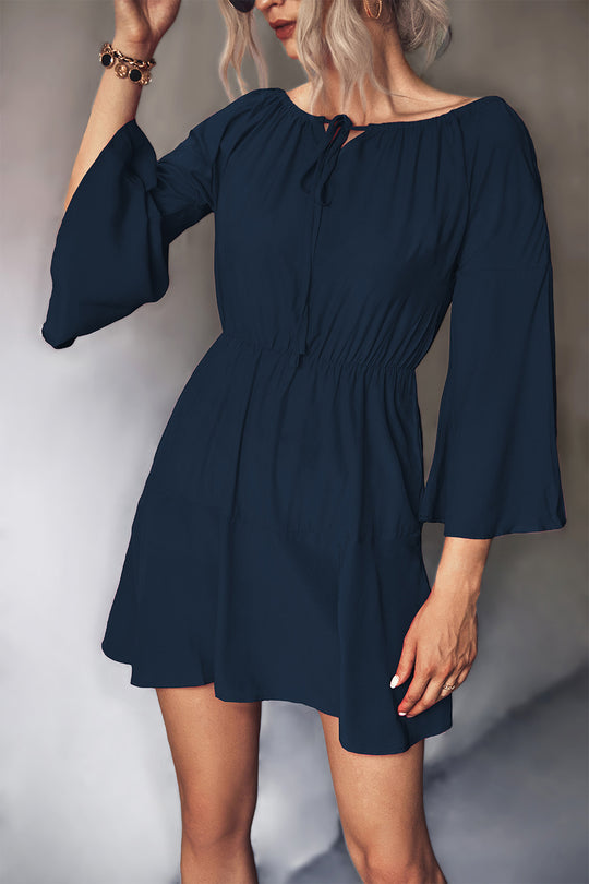 Damen Frühling Minikleid mit elastischem Taillenbund und voluminösen Ärmel EB
