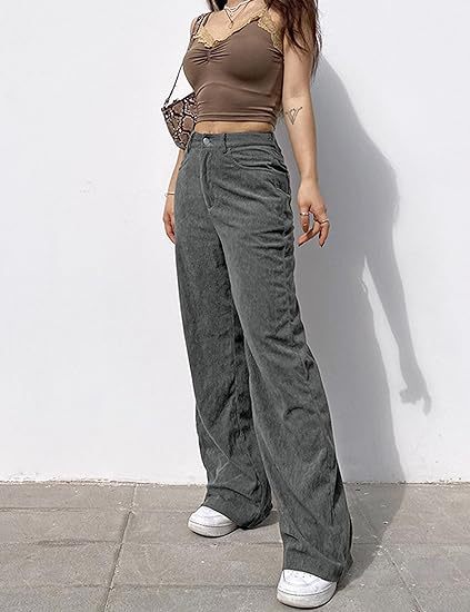 Damen Weite Cordhose mit hohem Bund und dekorativen Seitentaschen EB