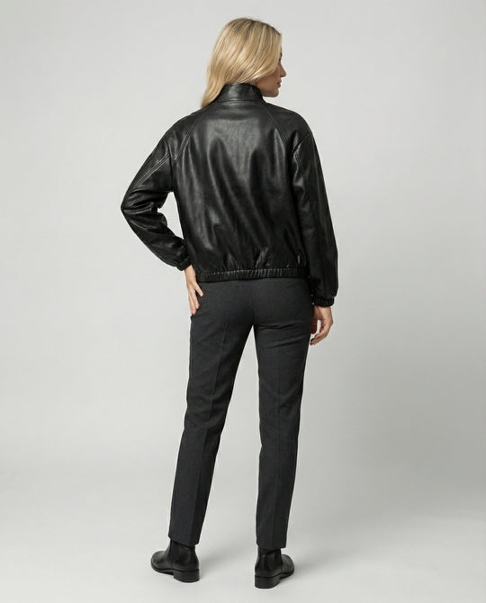 Damen schlanker Vegan-Lederblouson mit schimmernder Kunstleder-Optik, Stehkragen und elastischem Abschluss EB