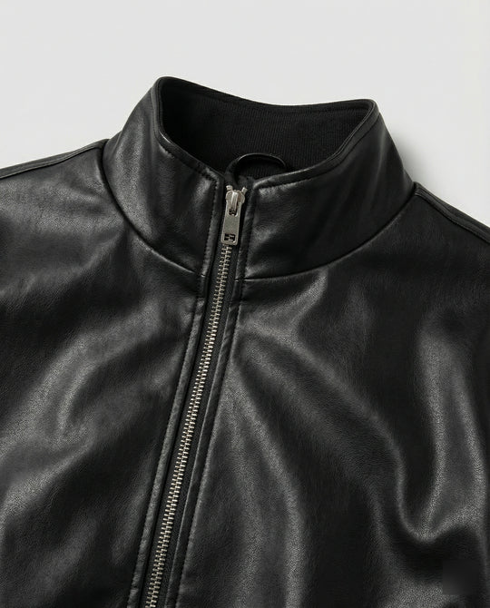 Damen schlanker Vegan-Lederblouson mit schimmernder Kunstleder-Optik, Stehkragen und elastischem Abschluss EB