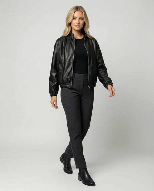 Damen schlanker Vegan-Lederblouson mit schimmernder Kunstleder-Optik, Stehkragen und elastischem Abschluss EB