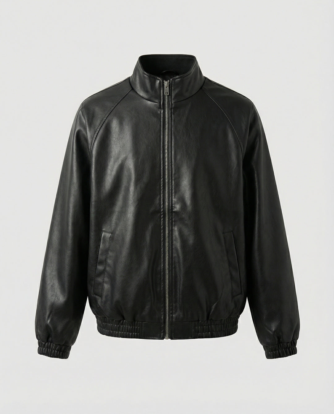 Damen schlanker Vegan-Lederblouson mit schimmernder Kunstleder-Optik, Stehkragen und elastischem Abschluss EB