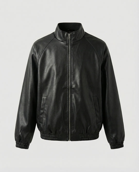 Damen schlanker Vegan-Lederblouson mit schimmernder Kunstleder-Optik, Stehkragen und elastischem Abschluss EB