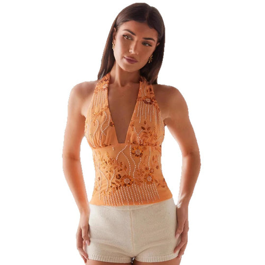 Damen Haltertops mit floralem Design und schimmernden Applikationen EB