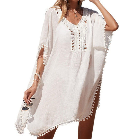 Damen luftiger Kaftan mit fransigen Akzenten und durchbrochenem Design EB