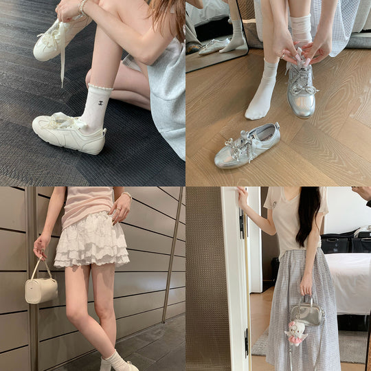 Damen Modische Sneakers aus metallischem Leder mit angesagtem Schleifenakzent EB