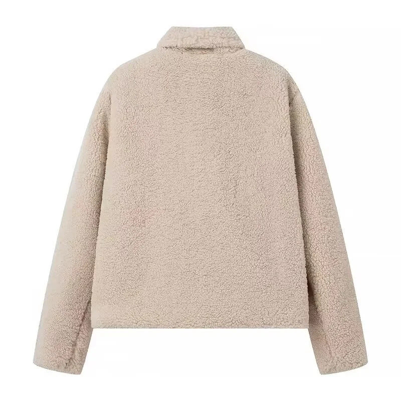 Damen kuschelige Plüschjacke mit klassischem Revers und praktischen Taschen EB