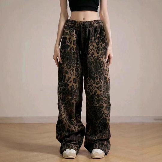 Damen Weite Leopard-Hose mit elastischem Bund und seitlichen Taschen EB