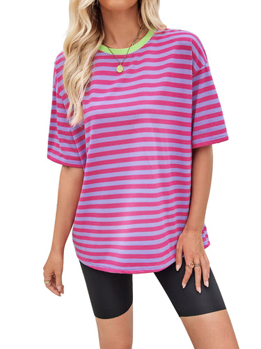 Damen gestreiftes Oversize T-Shirt mit Rundhalsausschnitt und Kontrastdetails EB
