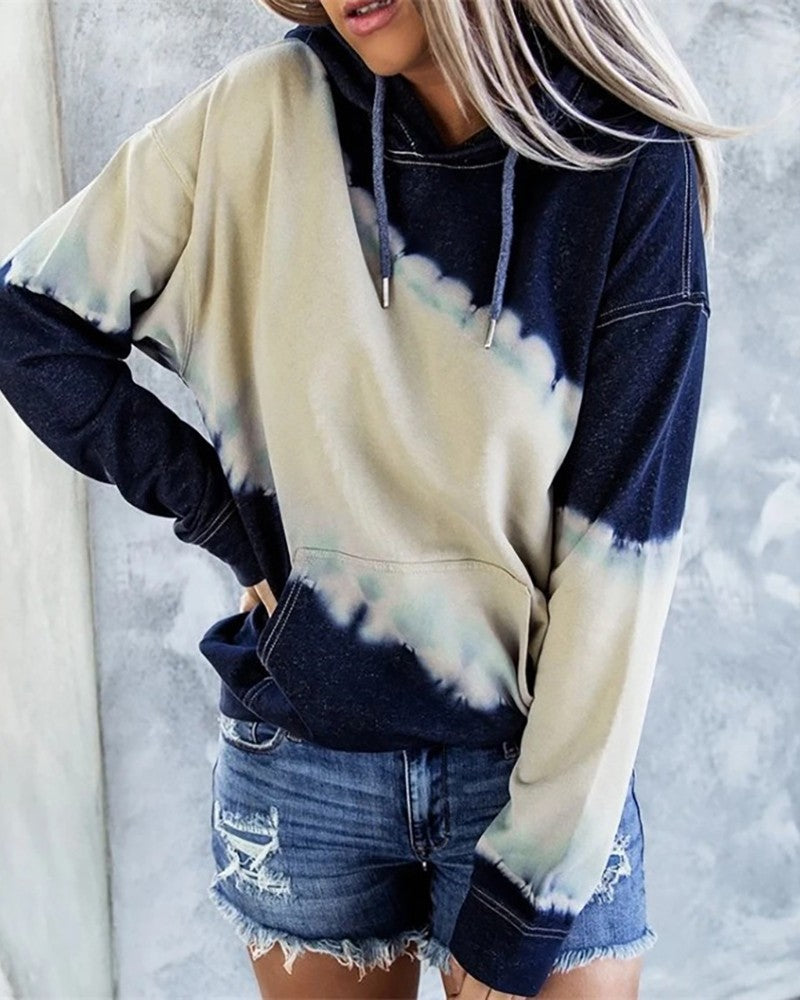 Damen lockerer Hoodie mit tieferem Kragen und einzigartigem Batikdesign EB