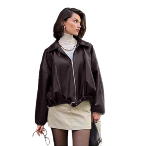 Damen lässige Oversized-Jacke mit Reißverschluss und breitem Kragen EB