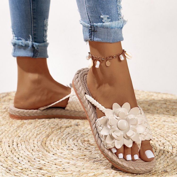 Damen Blumenschmuck Zehentrenner-Sandaletten mit rutschfester Sohle und geflochtenem Design EB