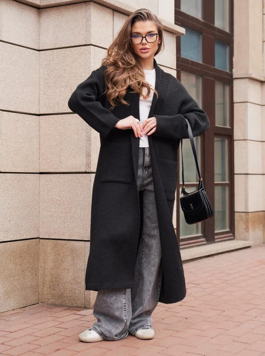 Damen Strickmantel mit tiefem V-Ausschnitt und großen Taschen EB