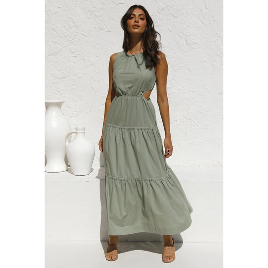 Damen Langarm Maxikleid mit verspielten Seitenausschnitten und fließendem Rock EB