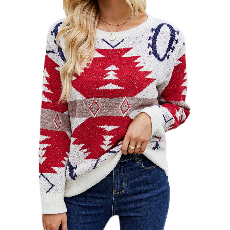 Damen gemusterter Strickpullover mit modernem Ethnomuster EB