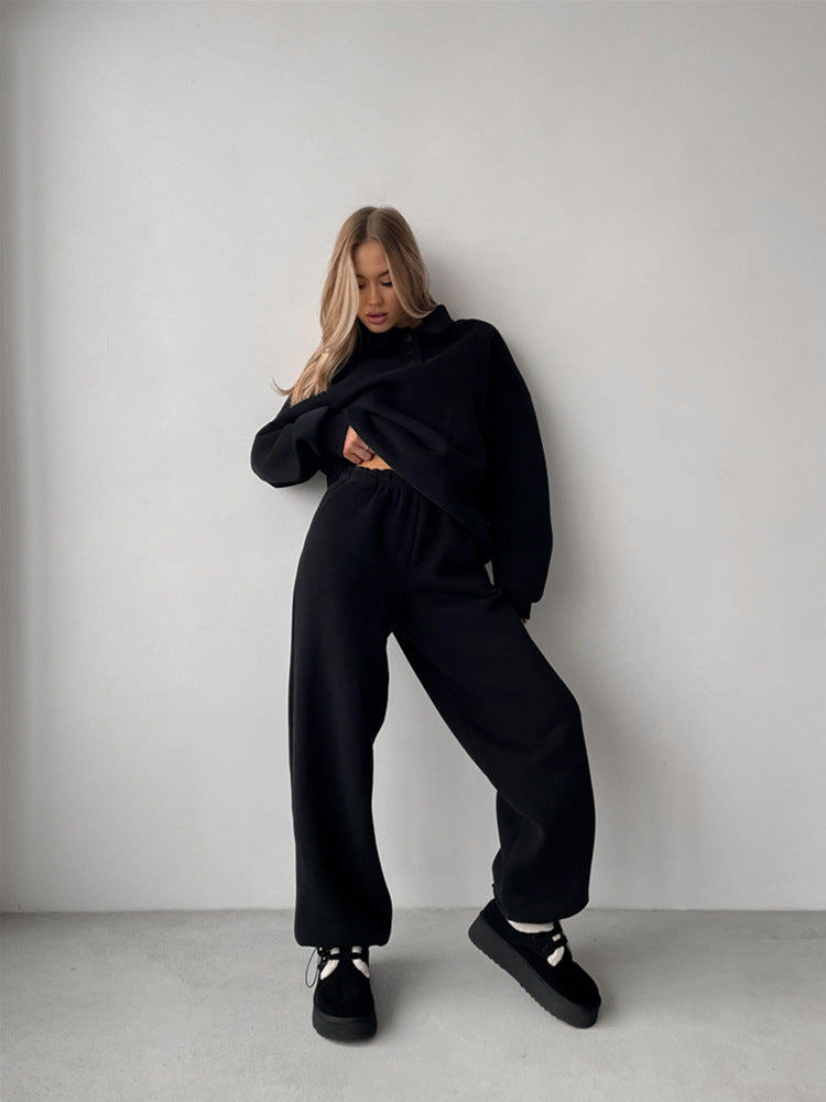 Damen Casual-Set aus schwerem French-Terry mit Polokragen-Cropped-Sweater und weitem High-Waist-Sweathose EB