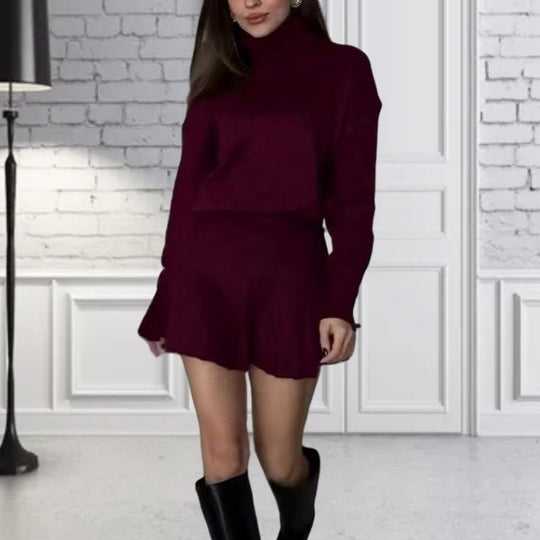 Damen Oversized Strickpullover mit hochwertiger Rippstruktur und passendem Minirock EB