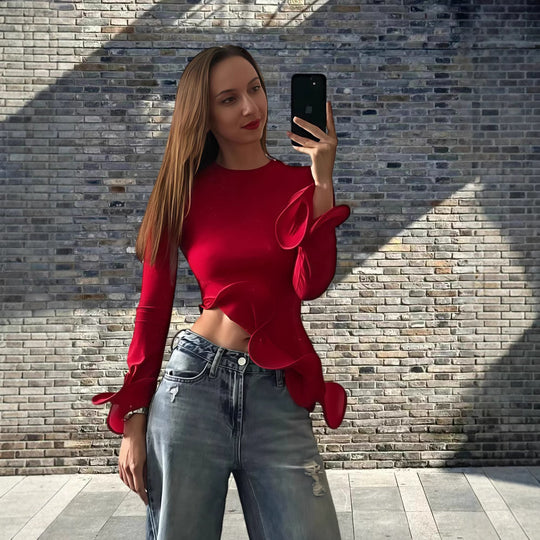 Damen Trendy Oberteil mit asymmetrischen Rüschendetails und elegantes Design EB