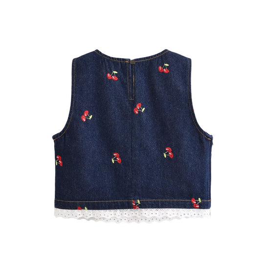 Damen Designer-Cropped-Top mit floralem Stickmuster und Spitzenbesatz EB