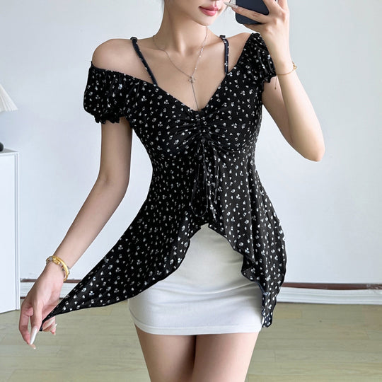 Damen Off-Shoulder-Oberteil mit süßem Blumenmuster und Raffung EB