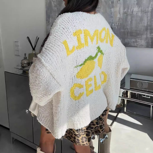 Damen Strickjacke mit fröhlichem Ananas-Motiv und oversized Schnitt EB