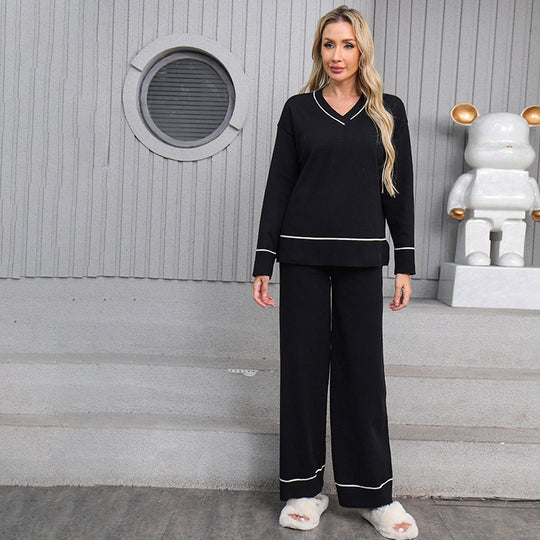 Damen entspannendes Loungewear-Set mit V-Ausschnitt und breiten Hosen EB