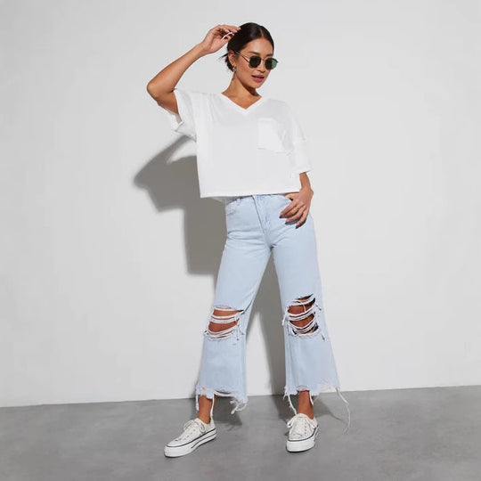 Damen Distressed Jeans mit weitem Bein und fransigem Saum EB