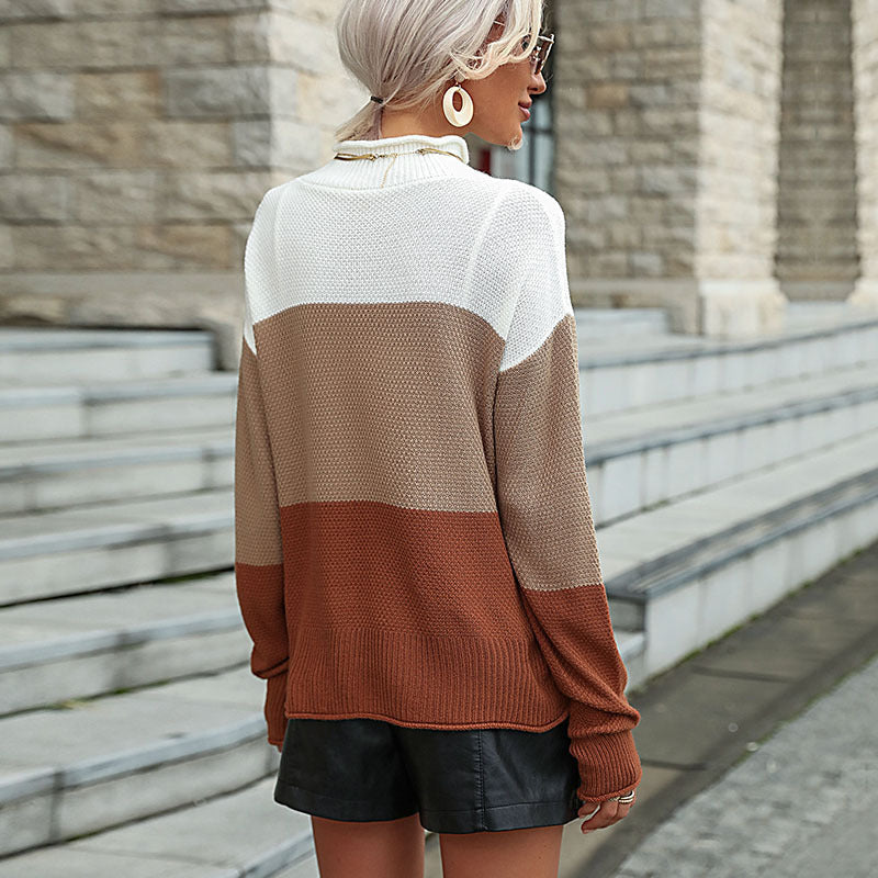 Damen Strickpullover mit modischem Farbblockmuster und hohem Kragen EB