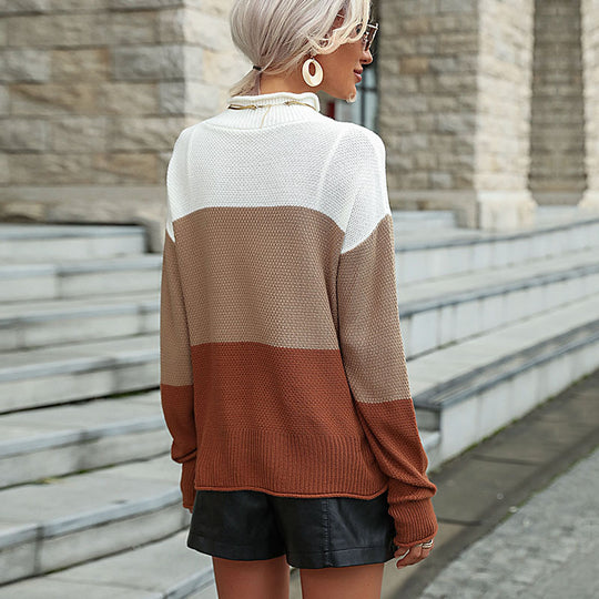Damen Strickpullover mit modischem Farbblockmuster und hohem Kragen EB