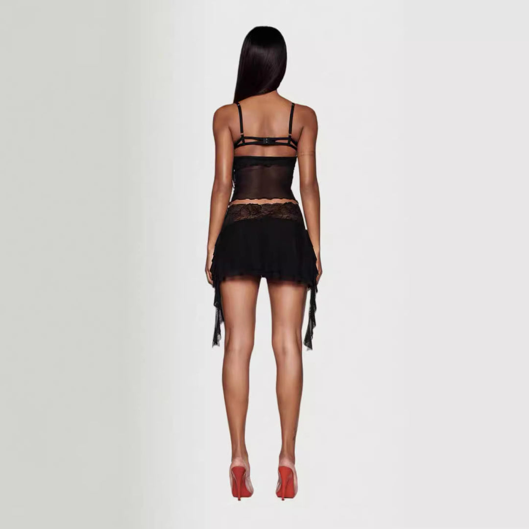 Damen verführerisches Spitzen-Nachtkleid mit asymmetrischem Saum und Leopardenmuster EB