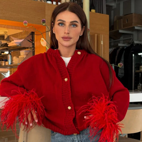 Damen lässige Strickjacke mit dekorativen Fransen und hochwertigen Knöpfen EB
