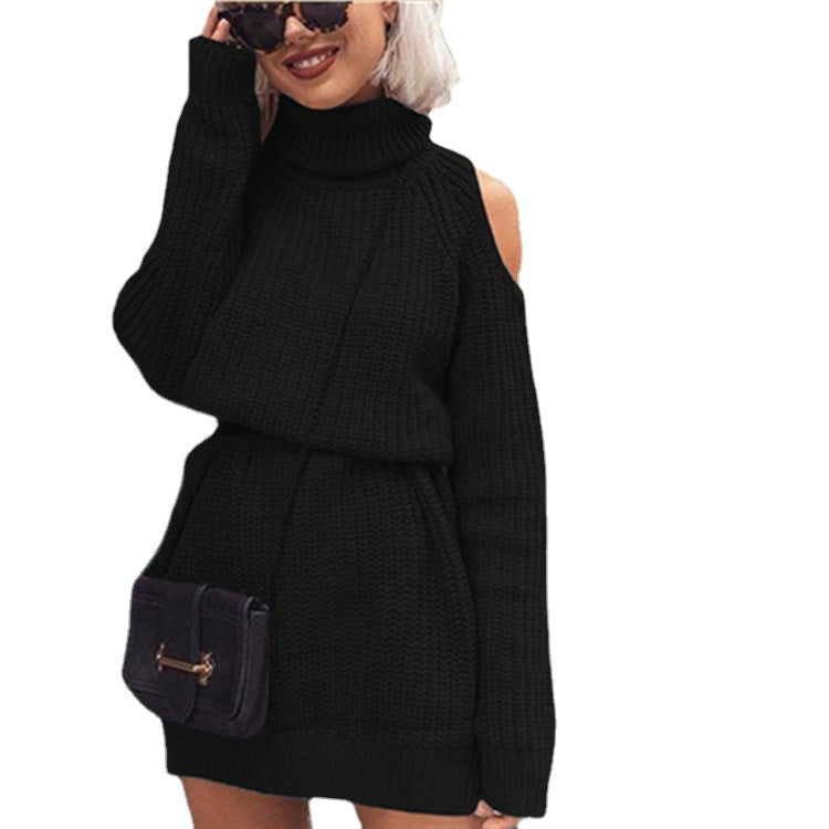 Damen Strickkleid mit innovativem Off-Shoulder-Design und hohem Kragen EB