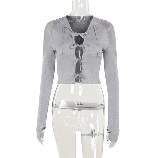 Damen sportliches cropped Oberteil mit Kapuze und raffinierten Riemchen EB