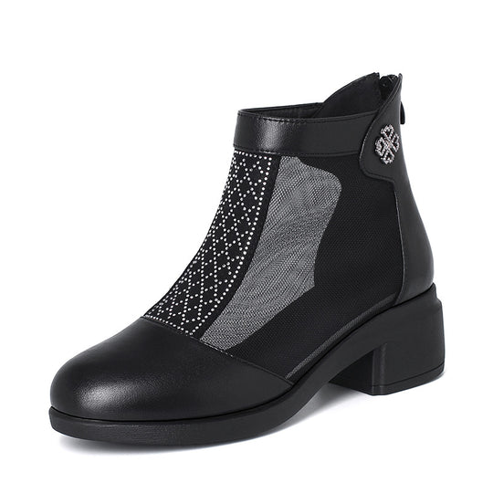 Damen Elegante Stiefeletten mit modischem Mesh-Einsatz und Blockabsatz EB