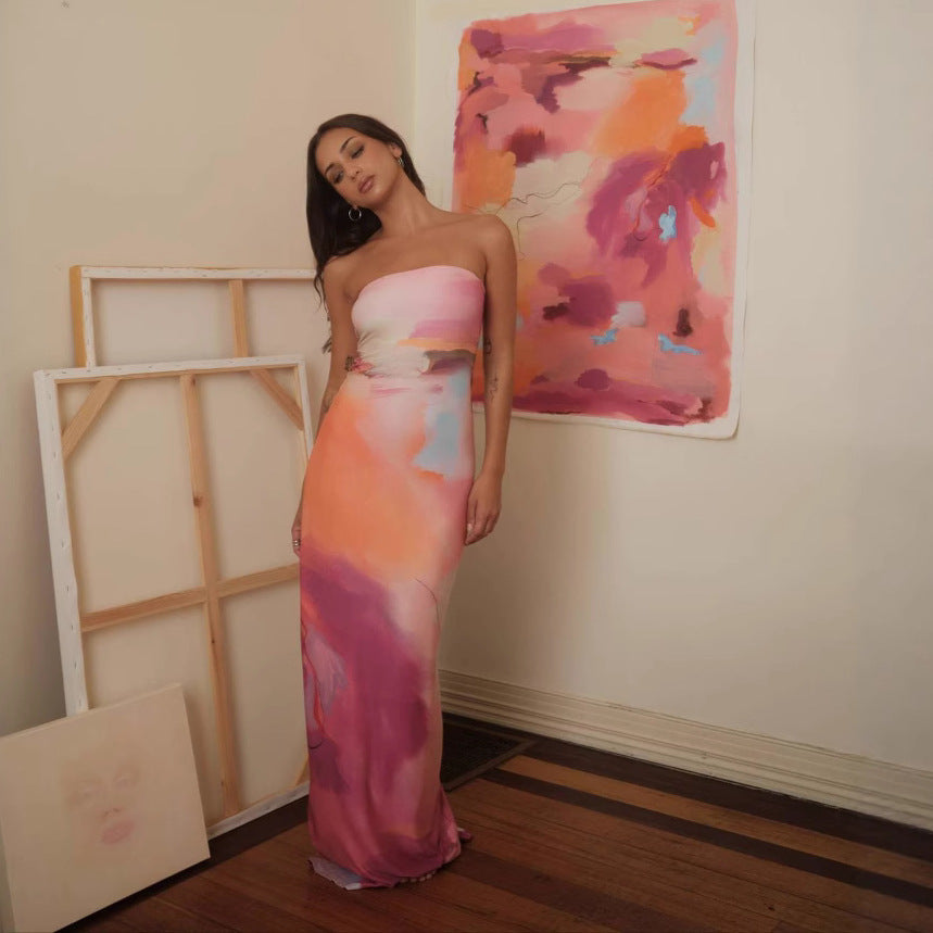 Damen figurbetontes Sommerkleid im Aquarell-Design EB