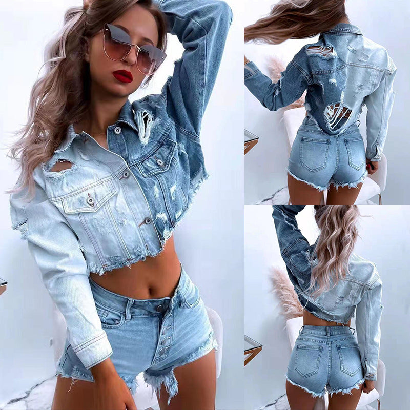 Damen Cropped Denimjacke mit fransigen Details und trendigem Destroyed-Look EB