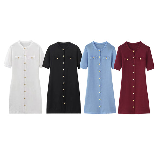 Damen Strickkleid mit kurzen Ärmeln und Knopfleiste EB