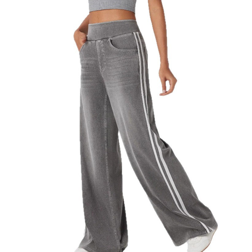Damen weite Denim-Hose mit seitlichem Streifen und hohem Bund EB