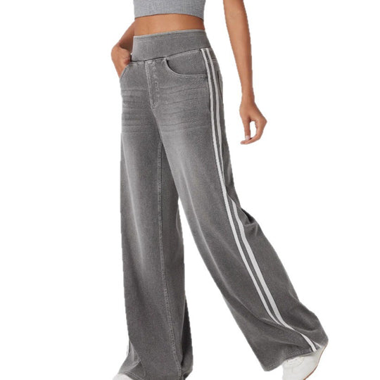Damen weite Denim-Hose mit seitlichem Streifen und hohem Bund EB