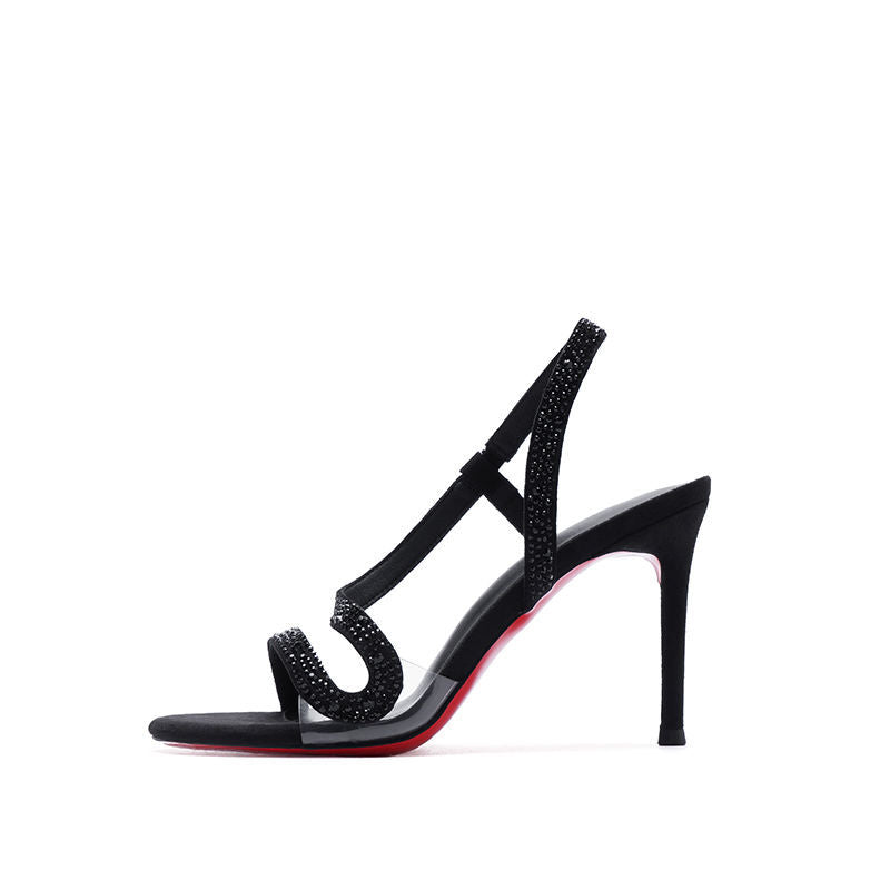 Damen elegante High Heel Sandalen mit strassverziertem Riemendesign EB