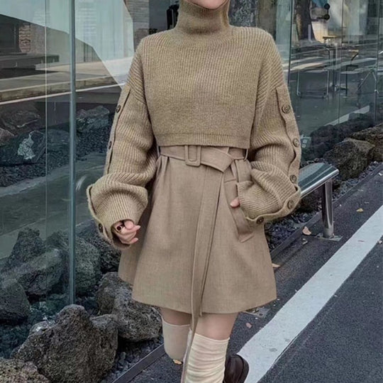 Damen Kurzgeschnittener Rollkragen-Bolero-Überwurf mit langen Ärmelknöpfen EB